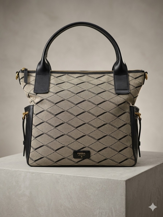Fossil Handbags - Fossil Beige and Black Diamond-Pattern Tote